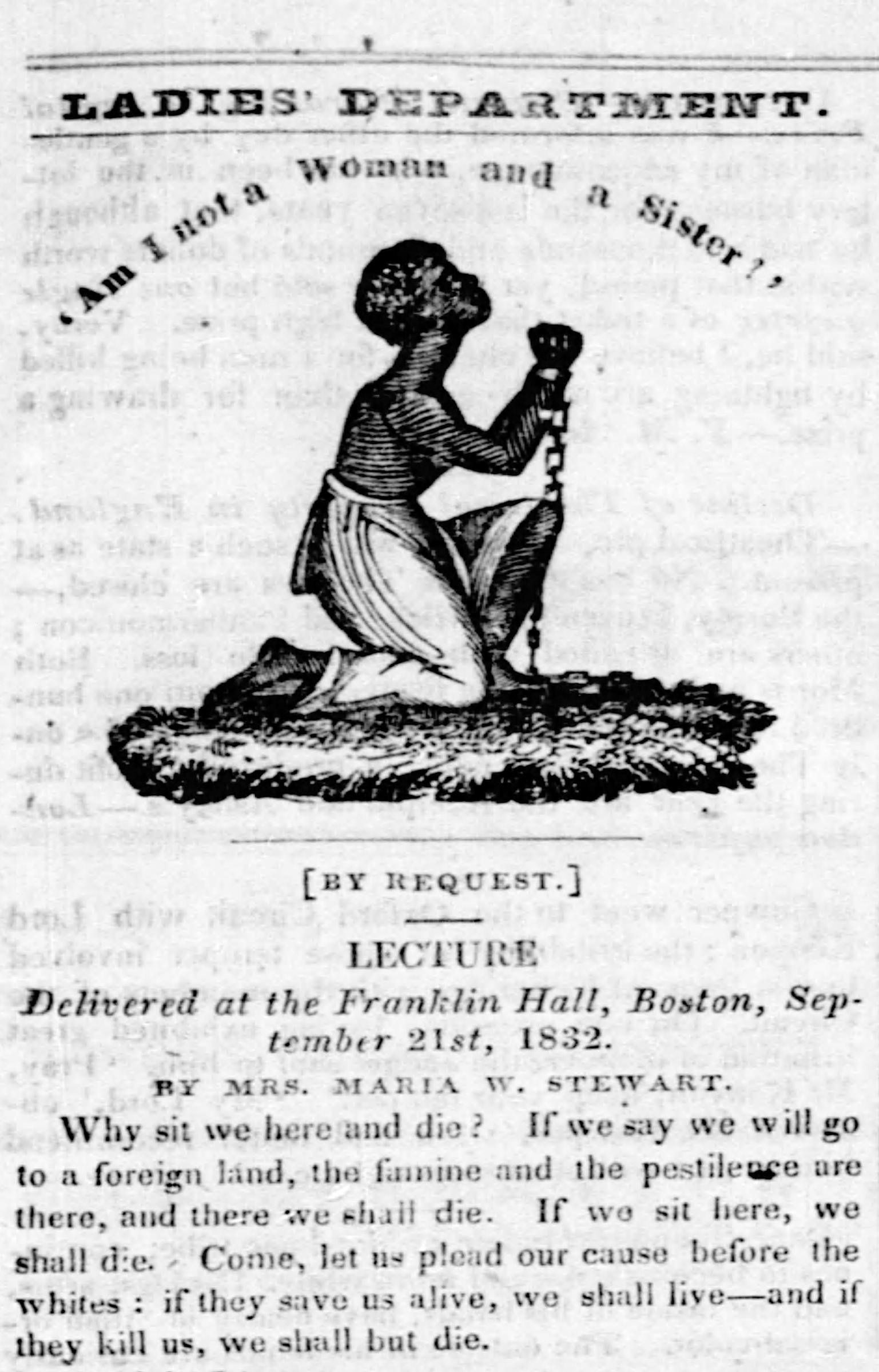 Illustrated newspaper column depicting a slave in kneeling in prayer wearing chains