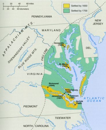 Anthony Johnson's Virginia and Maryland: map of colonia settlement by 1700