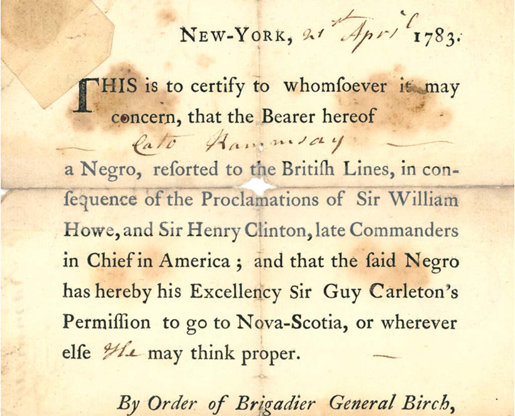 Certificate of Freedom for Samuel Birch, Book of Negroes, 1783