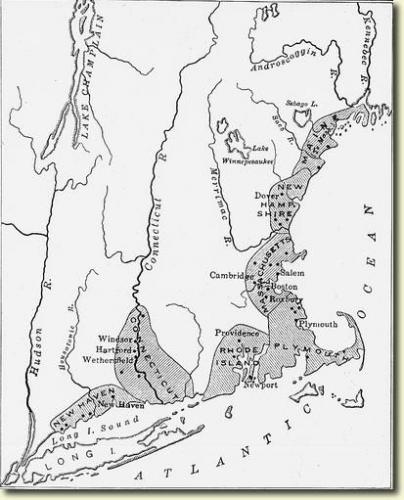 Settled Areas in New England in 1640 around the time Dorcas joined First Church at Dorchester