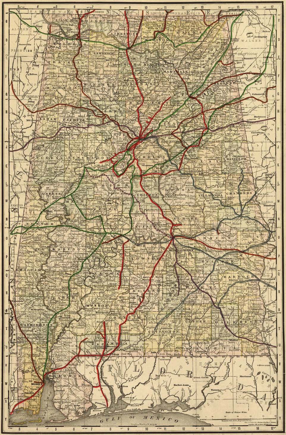 Political map of roads, counties, cities, and rivers of Alabama