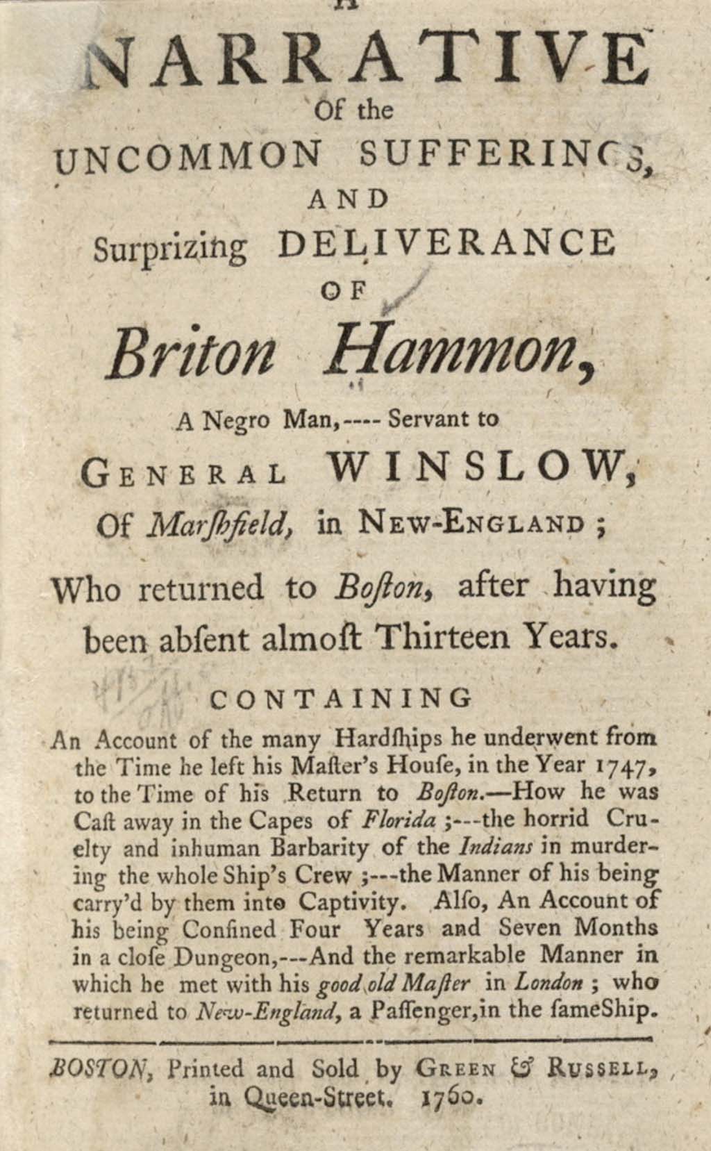 Opening Page of Briton Hammon Narrative