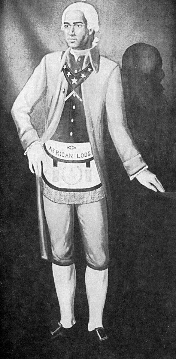 Black and white image of a painting of Prince Hall standing, wearing and African Lodge label around his waste.