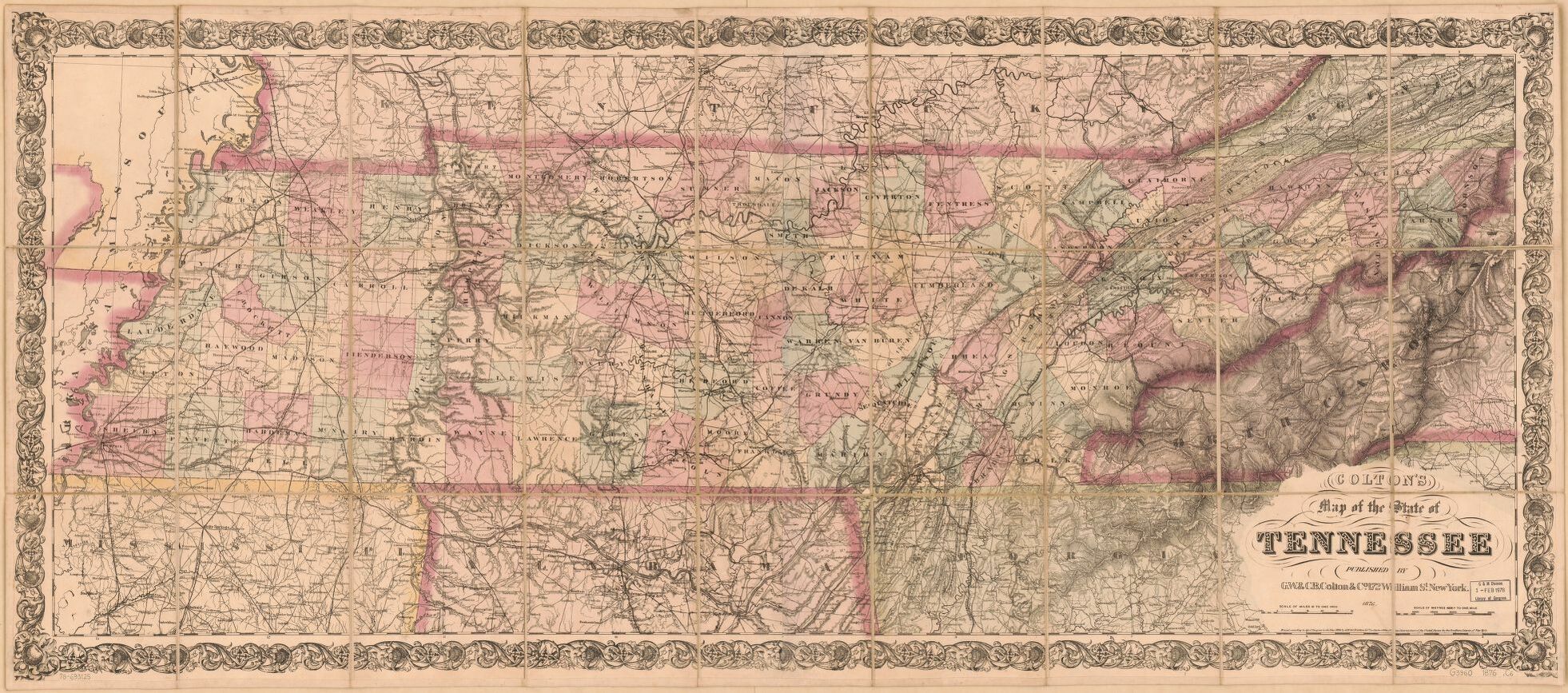 Tennessee map by G.W. & C.B. Colton & Co., 1876