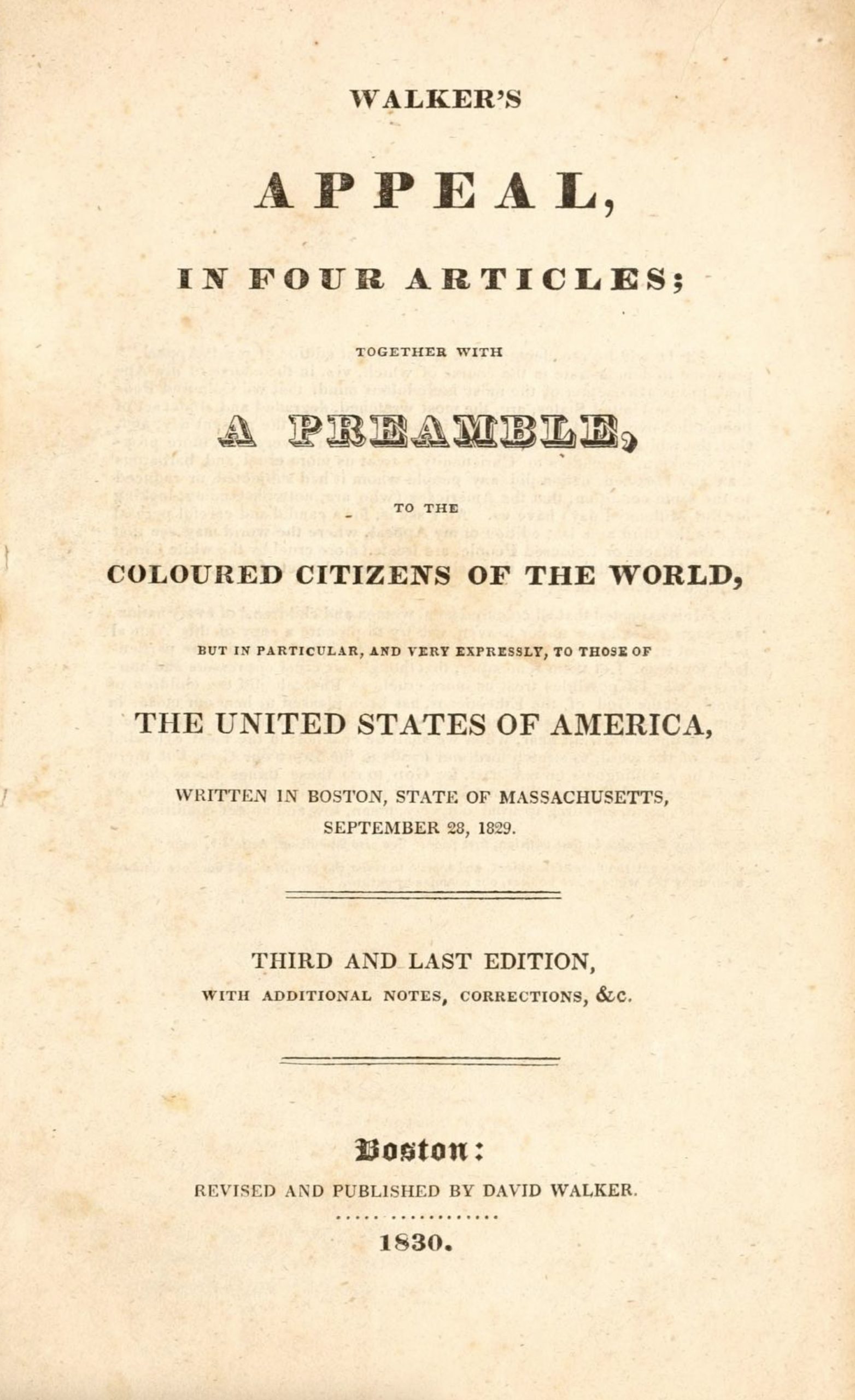 Walker's Appeal, in Four Articles, 1830