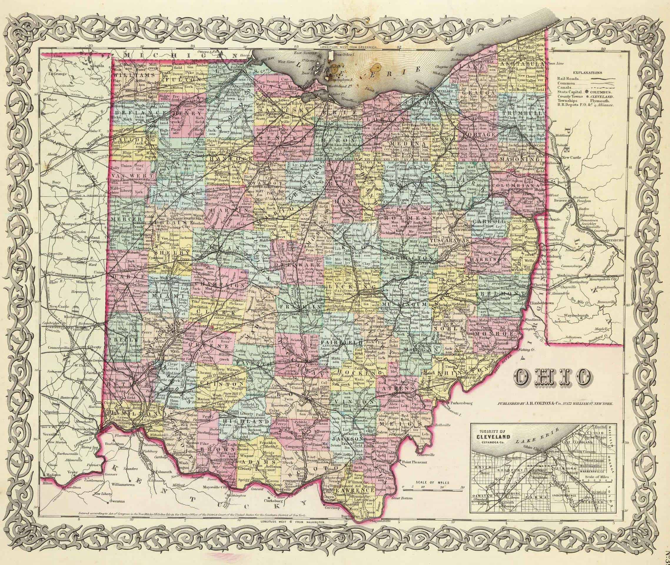 Political and road map of Ohio in 1856