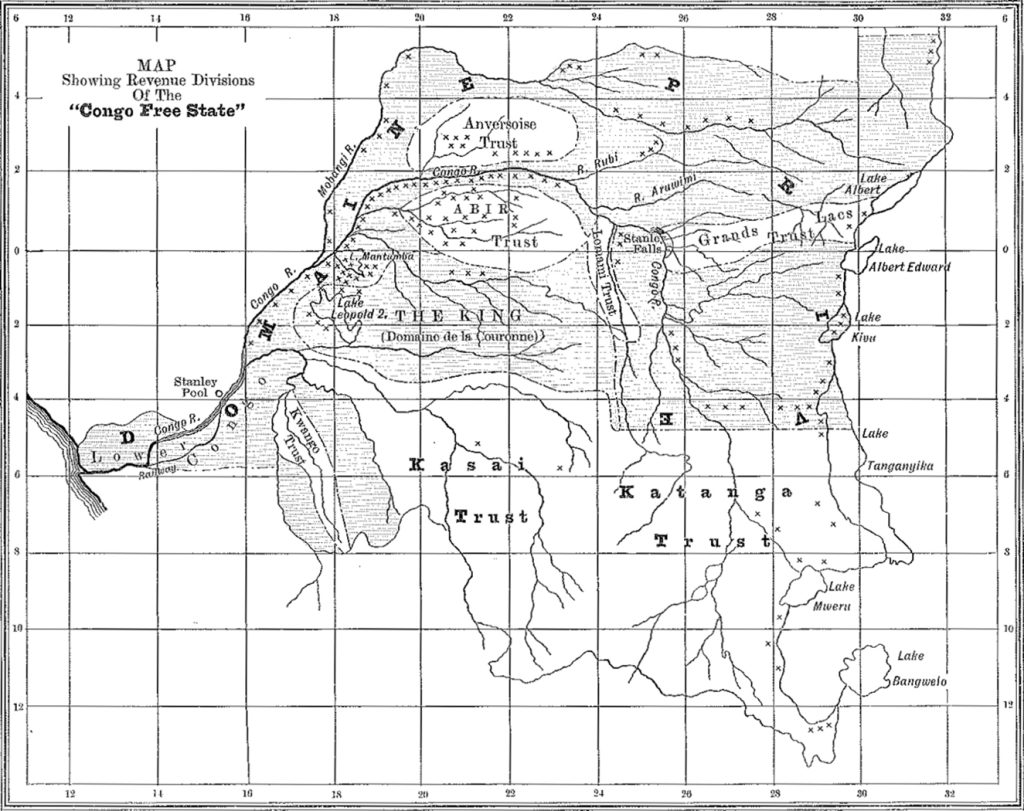 Map of the Congo Free State with crosses marking documented atrocities