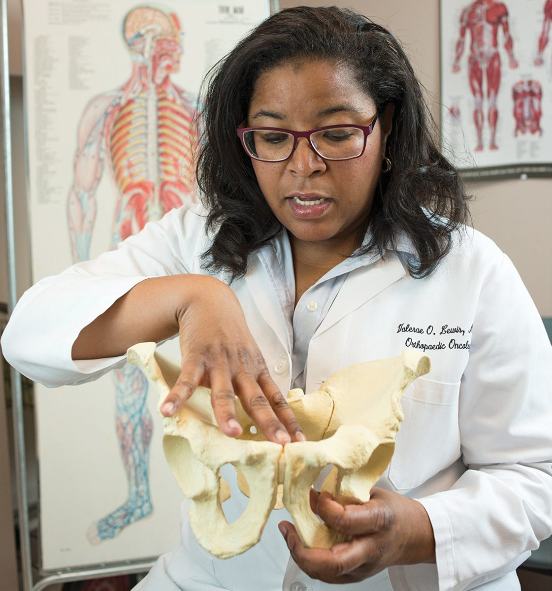 Lewis holding pelvic bone while speaking in front of anatomical diagrams