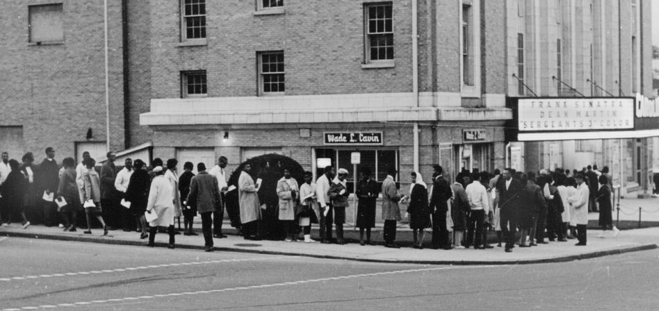 Demonstrators at the Carolina Movie Theater, March 15, 1962 (Wilson Special Collections Library, UNC-Chapel Hill)