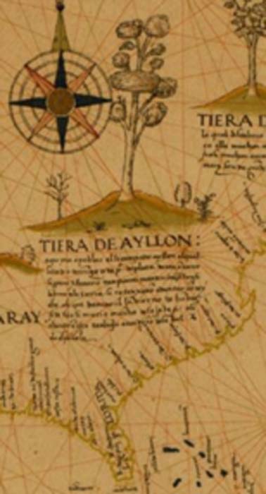 Map showing land in North America granted to Lucas Vázquez de Ayllón in 1523 by Spanish king