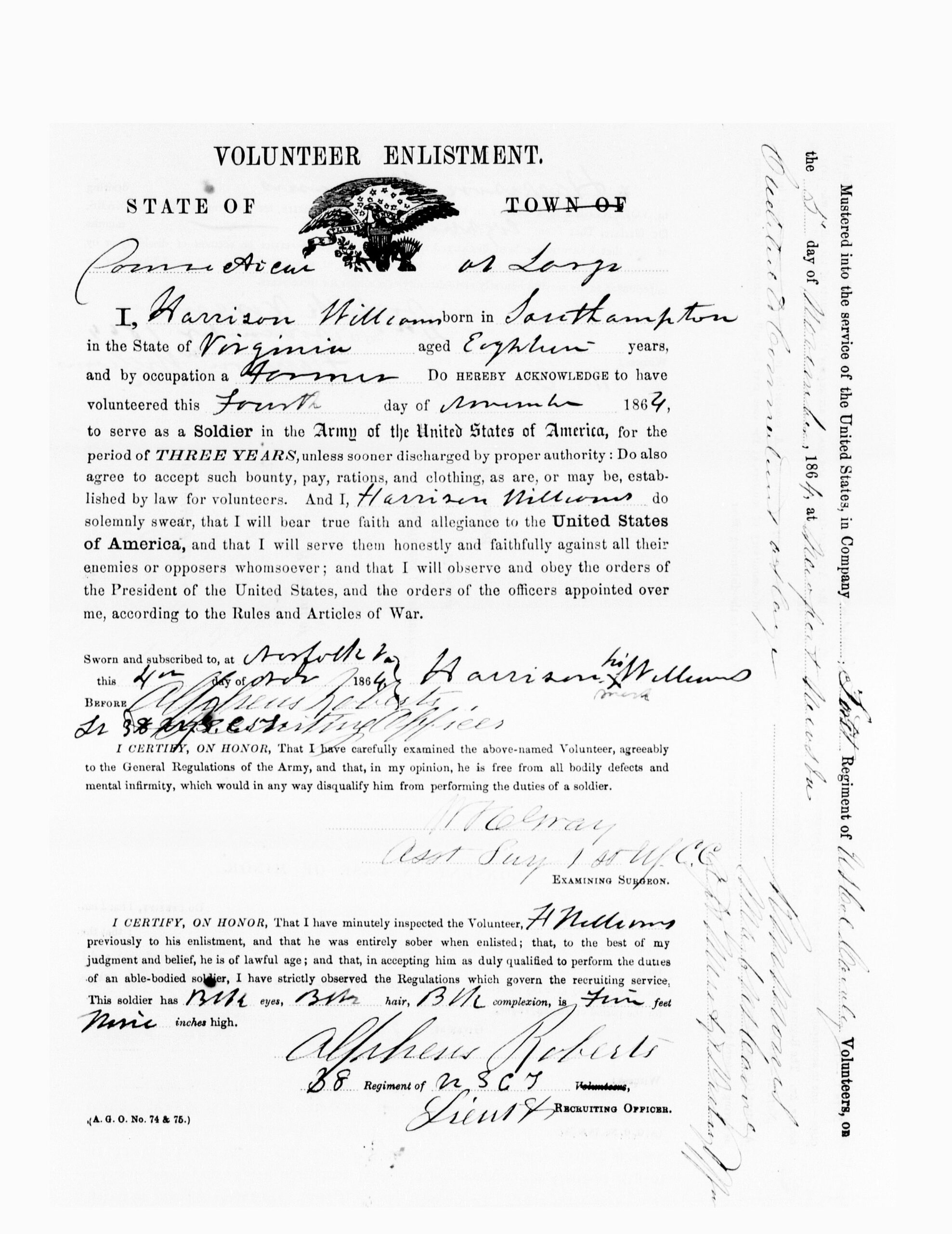 Volunteer Enlistment Form for Harrison Williams-Parson Sykes (Public Domain)|XXV Cavalry Bringing in Confederate Prisoners Near Richmond|Muster and Roll Card for Harrison Williams (Public Domain)