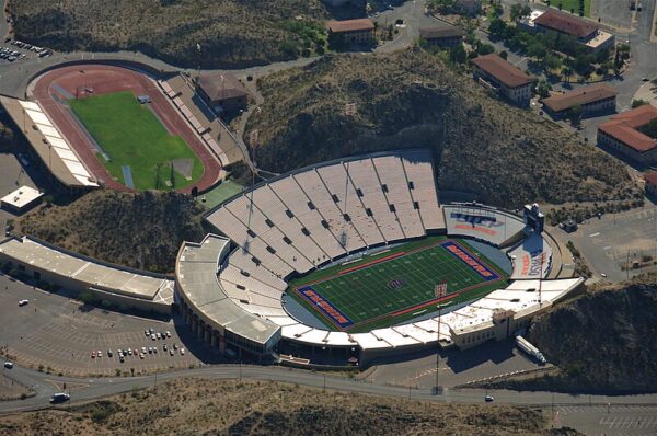 Aerial view of Sun Bowl Stadium on the campus of the University of Texas at El Paso (UTEP). At left, Kidd Field.