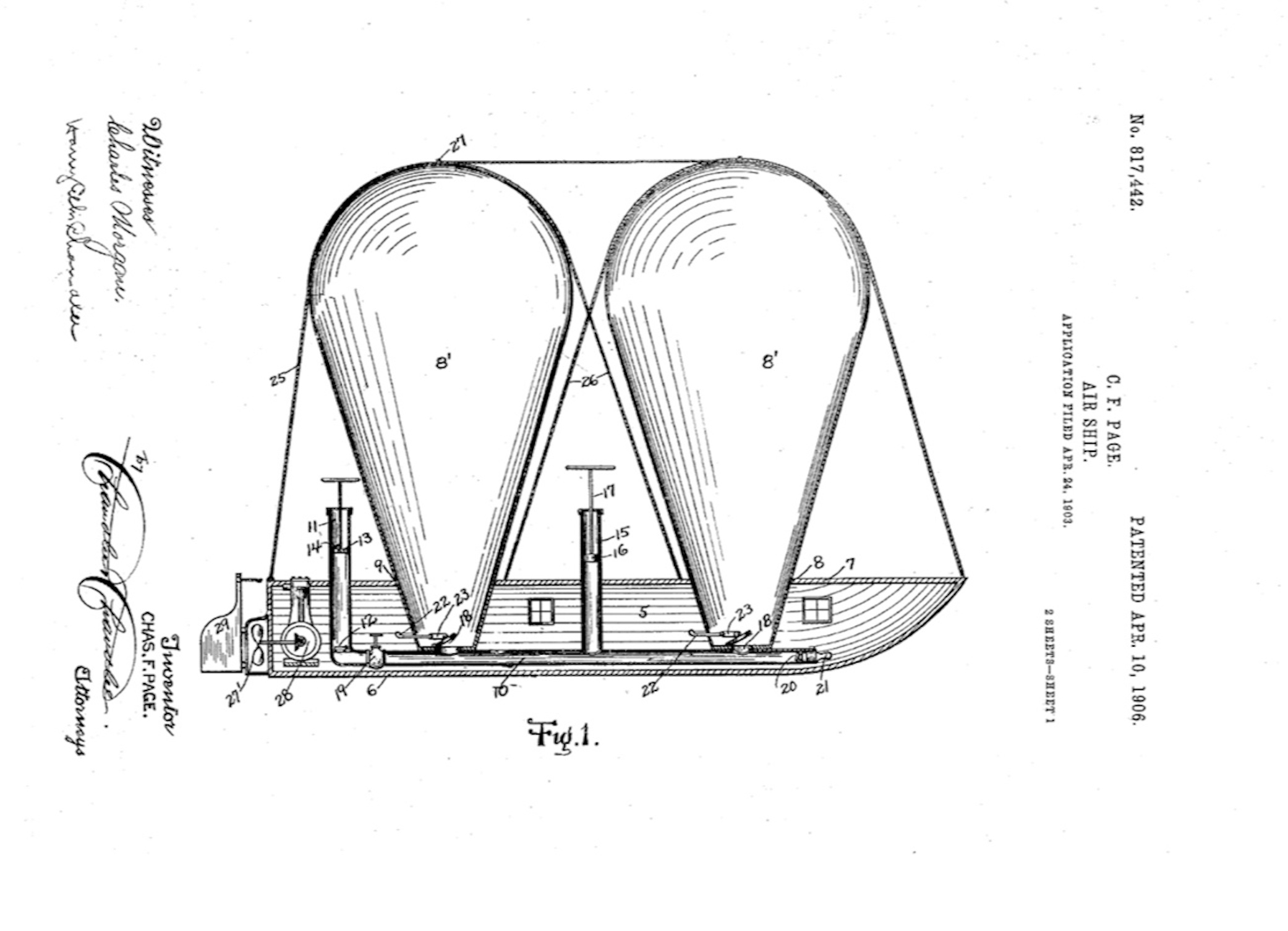 US Patent #0817442,Charles F. Page AirShip Pg1, Fig.1